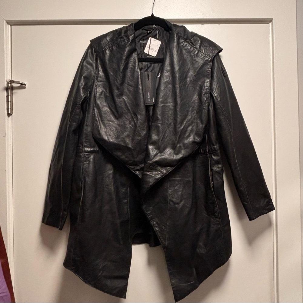 NWT Mauritius x Free People Cleo Black Hooded Lamb Leather Parka Jacket M